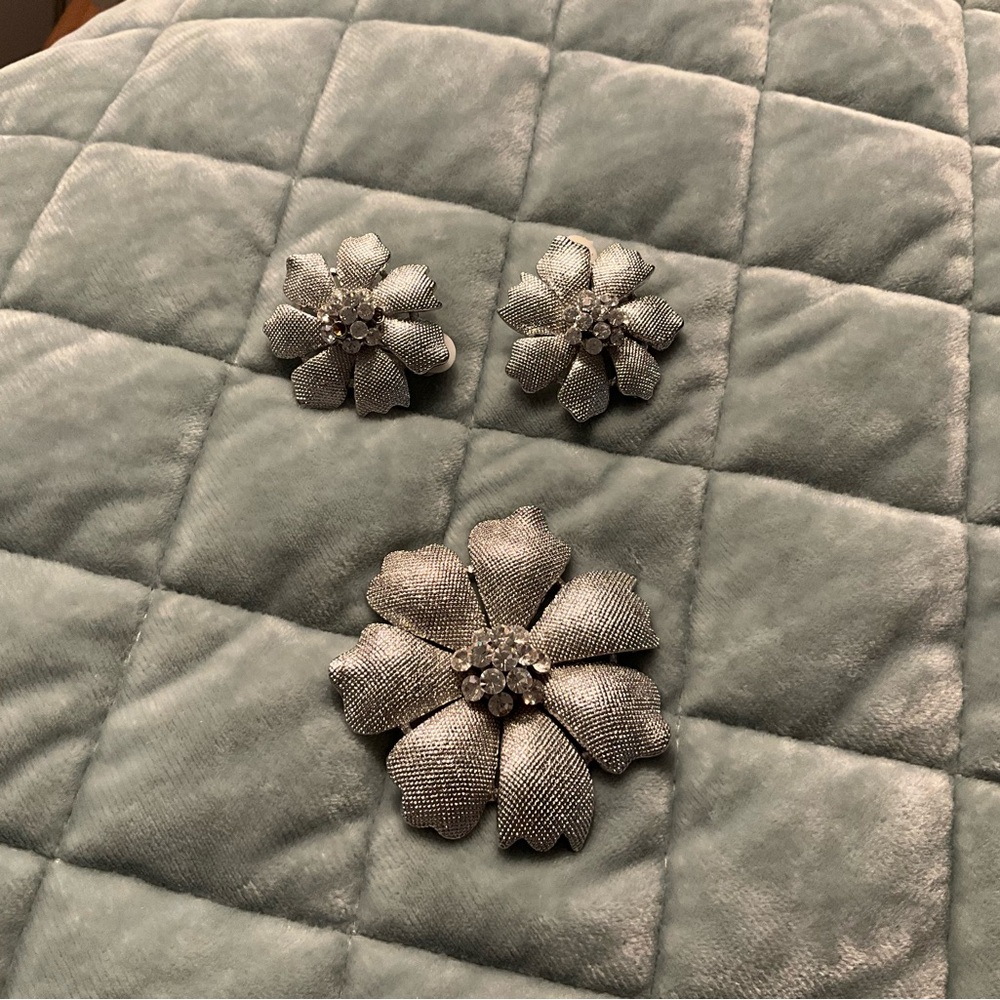 Lower Price! Elegant Silver Flower Brooch and Earrings Set